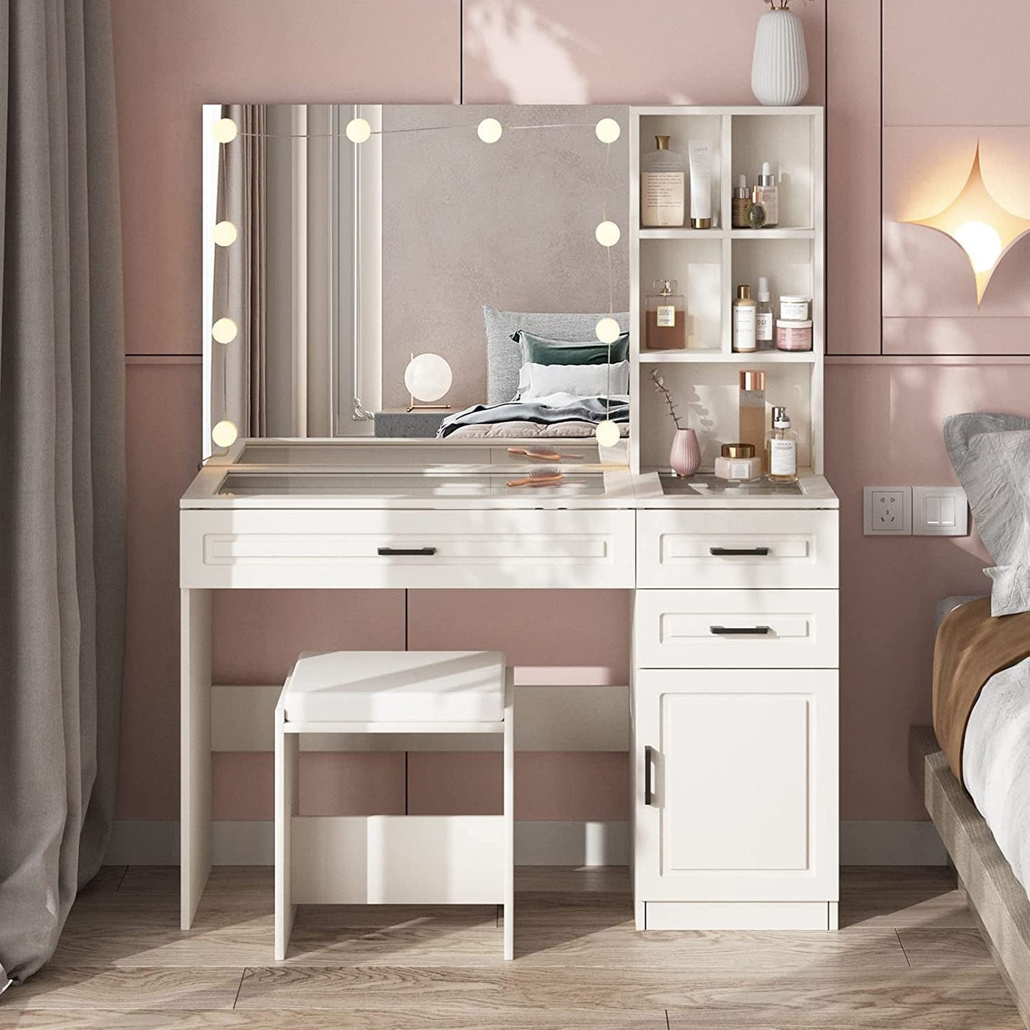 White Vanity Table Set with Glass Top-0