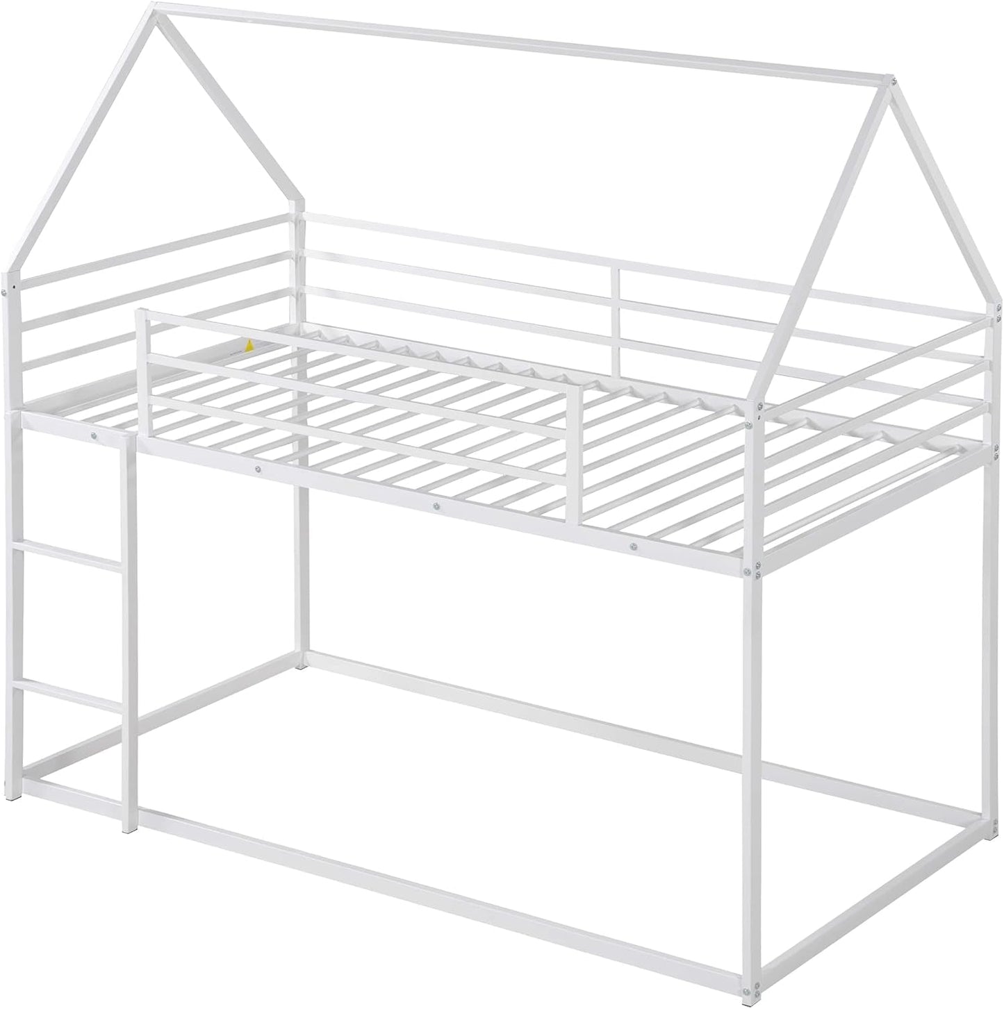 Bunk Bed Twin over Twin Metal Floor Bunk Bed with Ladder, House Shaped Bunk Bed Frame with Metal Slats for Dormitory and Bedroom, Space Saving, No Box Spring Needed-4