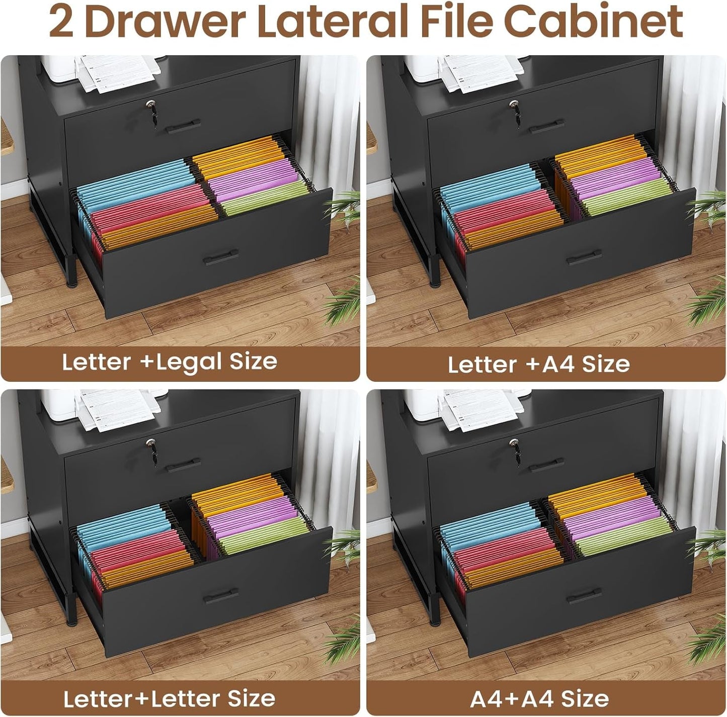 2 Drawer File Cabinet with Lock & Charging Station, Filing Cabinet Fits Letter, Legal, A4 Size, Wood File Cabinets for Home Office with Bookshelf, Printer Stand with Storage Shelf, Black-2