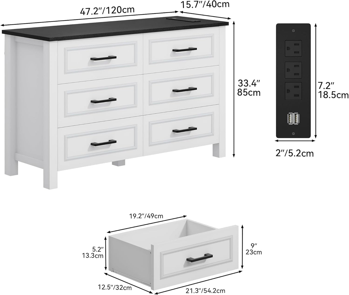 6-Drawer Dresser with Built-In Power Outlet, Wood Dresser TV Stand with 6 Large Drawers & Bar Handles, Dresser Chest of Drawers for Entryway Living Room Hallway, White & Black-2