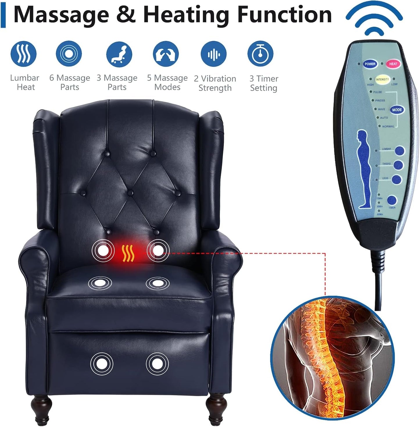Wingback Recliner Chair with Massage and Heat - Tufted PU Leather Push Back Arm Chair for Living Room - Vintage Recliner Chair with Remote Control, Padded Cushion, Backrest, Wooden Legs-2
