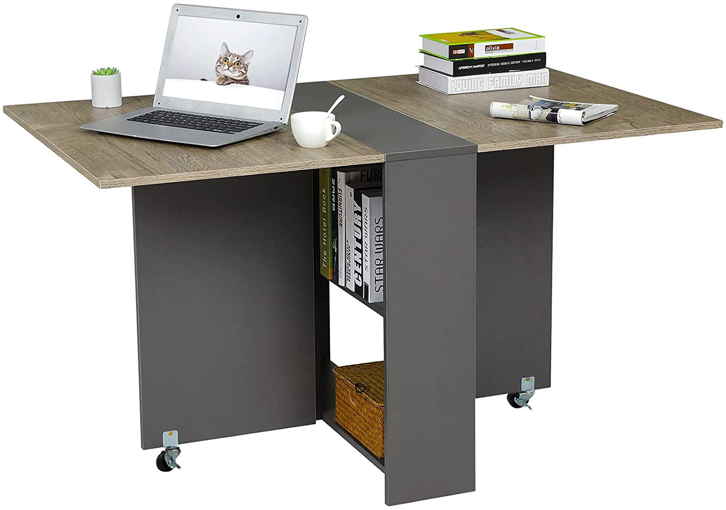 Folding Drop Leaf Dining Table with Wheels/Shelf-1