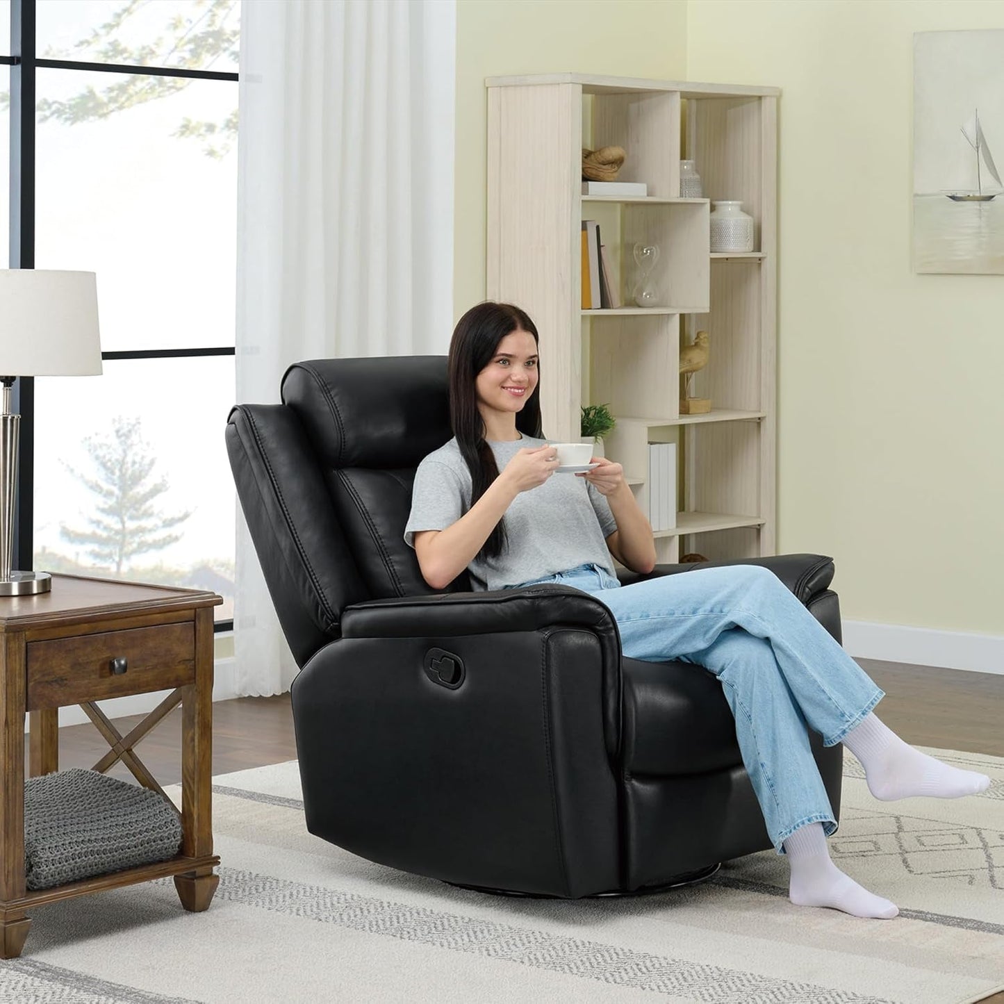 Leather Recliner Chair Faux Swivel Rocker for Adults Manual Sofa for Living Room Bedroom Home Theater Seating,Black-1