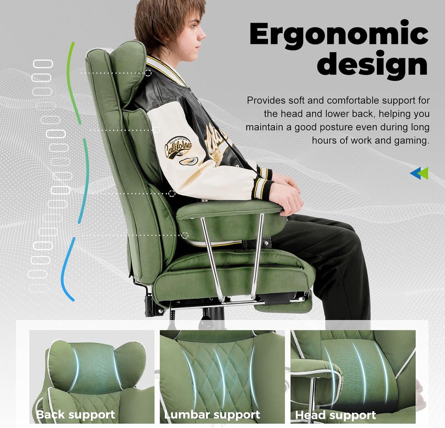 Big and Tall Gaming Chair with Pocket Spring Lumbar Support, Ergonomic Office Chair with Footrest, Executive Desk Chair with Outward Fixed Soft Armrests, Computer Chair with High Back, Green-2