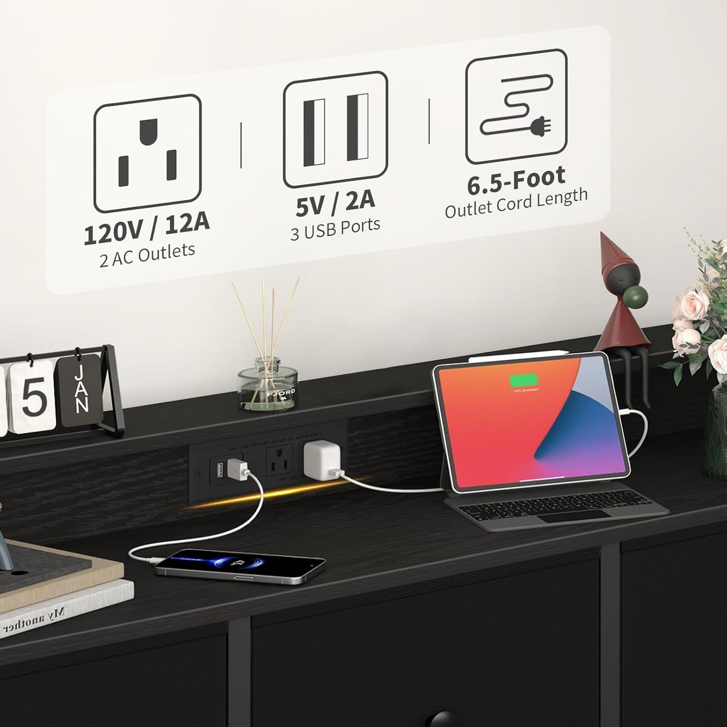 Dresser for Bedroom with Charging Station and LED Lights, Tall Dresser TV Stand with 10 Storage Drawers,Fabric Black Dressers & Chests of Drawers,Wood Dresser for Bedroom Closet Organizer-4