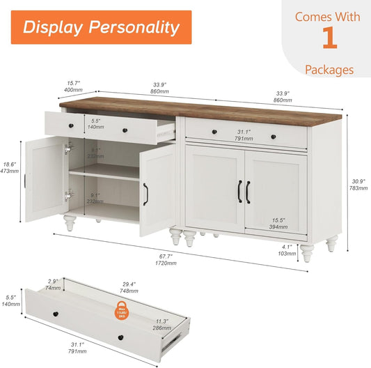 WAMAPT Buffet Cabinet with 4 Doors and 2 Drawers, Large Coffee Bar Tables Wood Kitchen Storage Cabinets with Storage Cabinets, Modern Farmhouse Sideboard Credenza for Dining Room, off White, 68 Inch-1