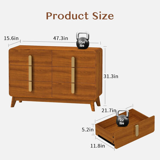 6 Drawer Dresser, Mid Century Modern Dresser with Storage, Wide Chest of Drawers, Dresser TV Stand with Metal Handles,Large Wood Drawer Organizer for Bedroom,Living Room,Hallway,Cherry-1