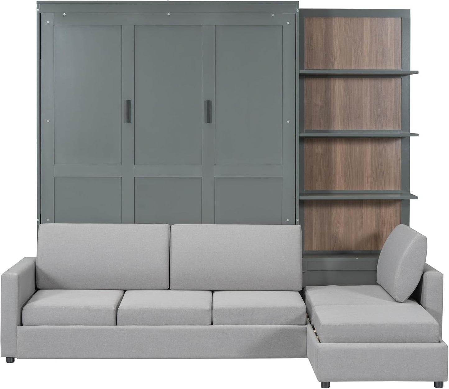 Queen Size Murphy Bed with Sofa and Shelves Gray-4