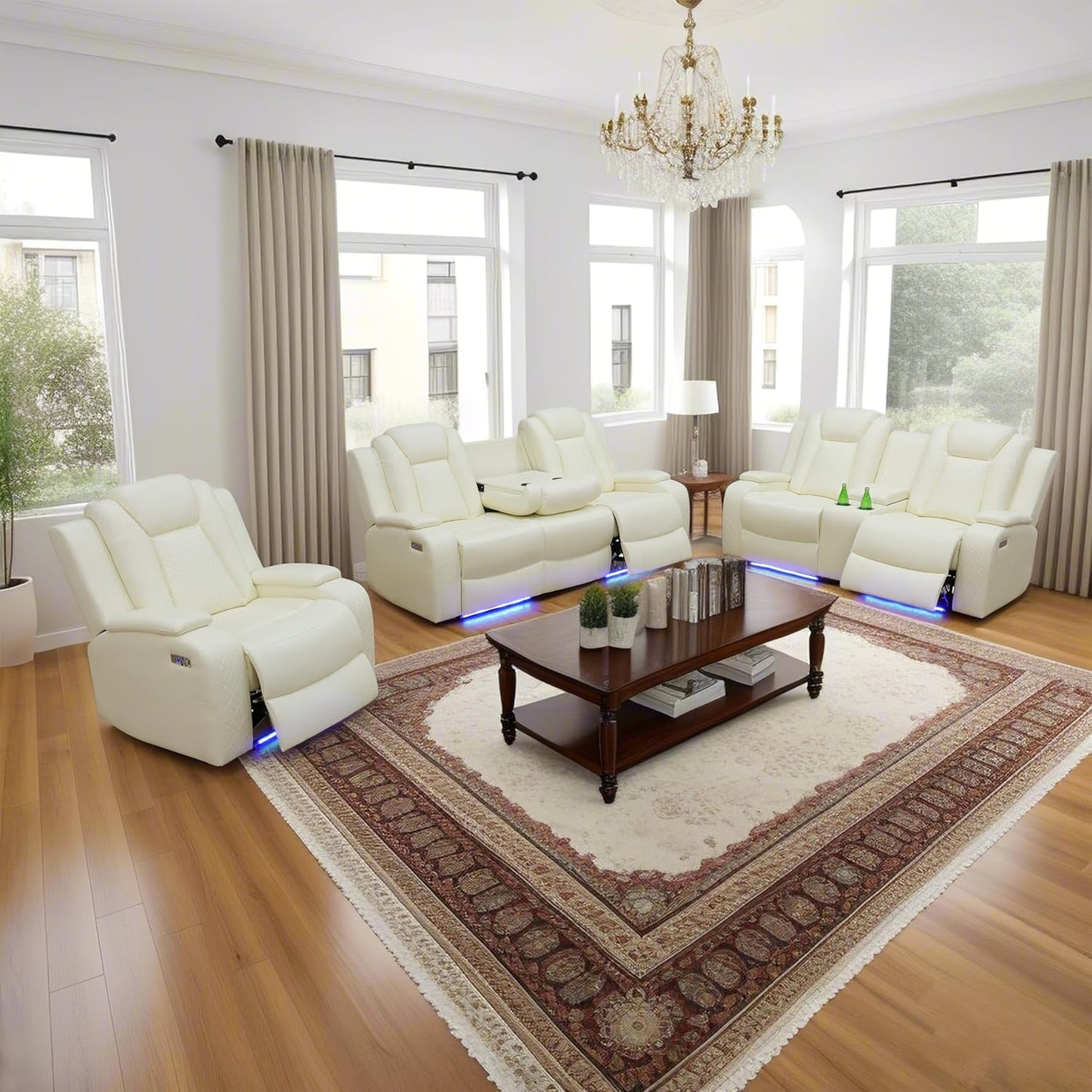 Power Reclining Sofa Set, Living Room Furniture Set with USB Ports, Leather Recliner Couches Set for Living Room/Apartment/Office/Home Theather (Creamy White, Sofa+Loveseat+Chair)-4