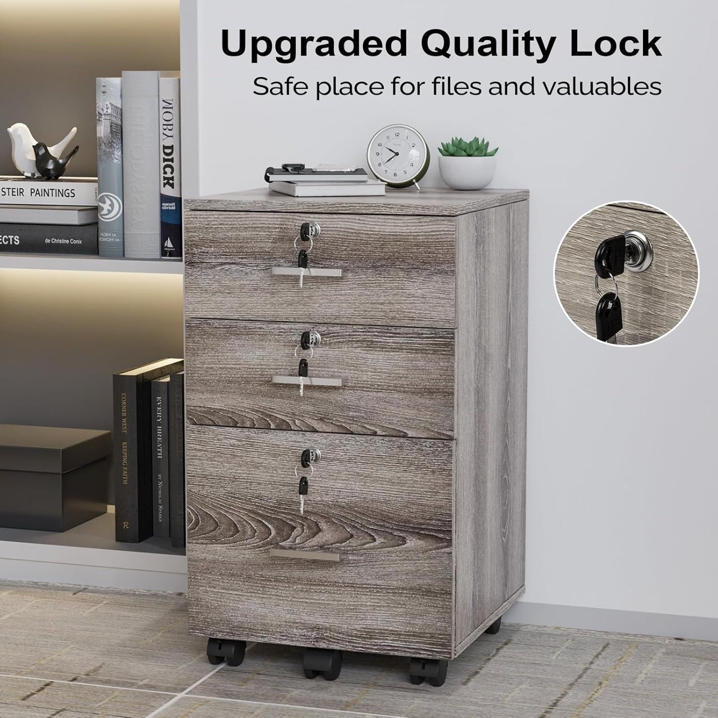 3-Drawer File Cabinet with Lock, Wood Rolling File Cabinet under Desk File Cabinets for Home Office, Mobile Printer Stand & File Cabinet for Letter Sized Files, 26" H(Caster Included),Gray Oak-4