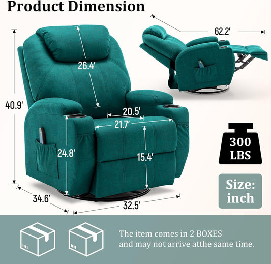 Recliner Chair, Rocking Recliner Chair for Adults with Massage and Heat, Swivel Rocker Recliner Chair with Remote and Cup Holder, Cashmere Manual Recliner for Nursery, Living Room, Green-1
