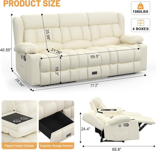 Loveseat Recliner Sofa, Flip Middle Backrest Design PU Leather 3 Seat Reclining Sofa with Storage Drawer, Manual Couch for Living Room (Ivory White, PU)-1