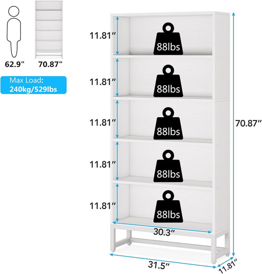 Tall Bookcase and Bookshelf, 70.8” Large Bookcases Organizer with 5-Tier Storage Shelves, Heavy Duty Free-Standing Library Bookshelf Shelving Unit for Living Room, Bedroom, Office (White)-1
