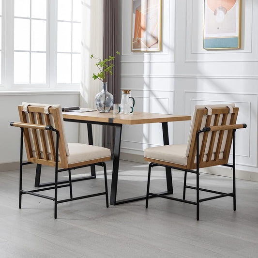 Mid Century Leather Dining Chairs Set of 2 in Beige-1