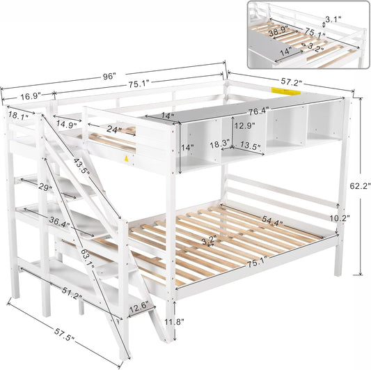 Twin Size Bed Frame for Bedroom Twin over Full Bunk Bed with Staircase and Built-In Storage Cabinets No Box Spring Needed White 96" L X 57.2" W X 62.2" H-1