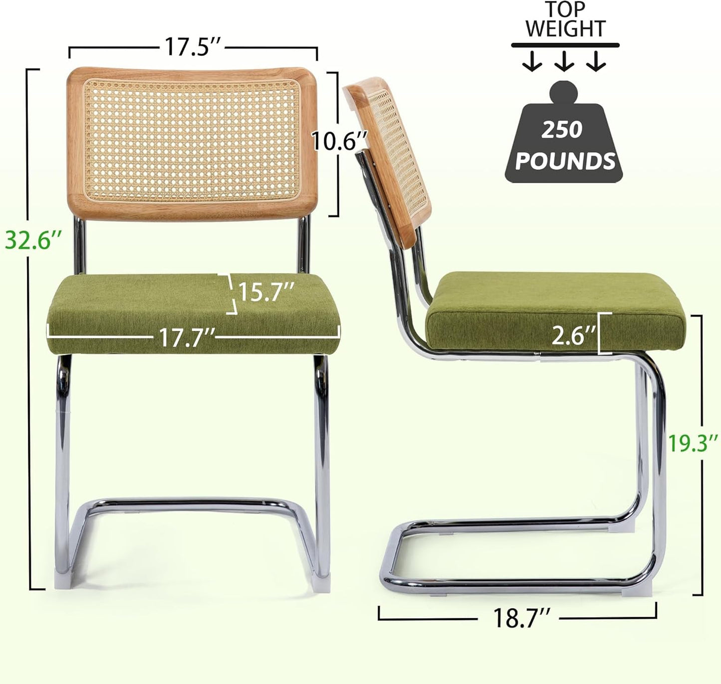 Modern Cesca Cane Dining Chairs, Set of 2, Handwoven Rattan Cane Back, Chrome Base, Upholstered Cotton Seat, Ideal for Kitchen or Dining Room, Green-2