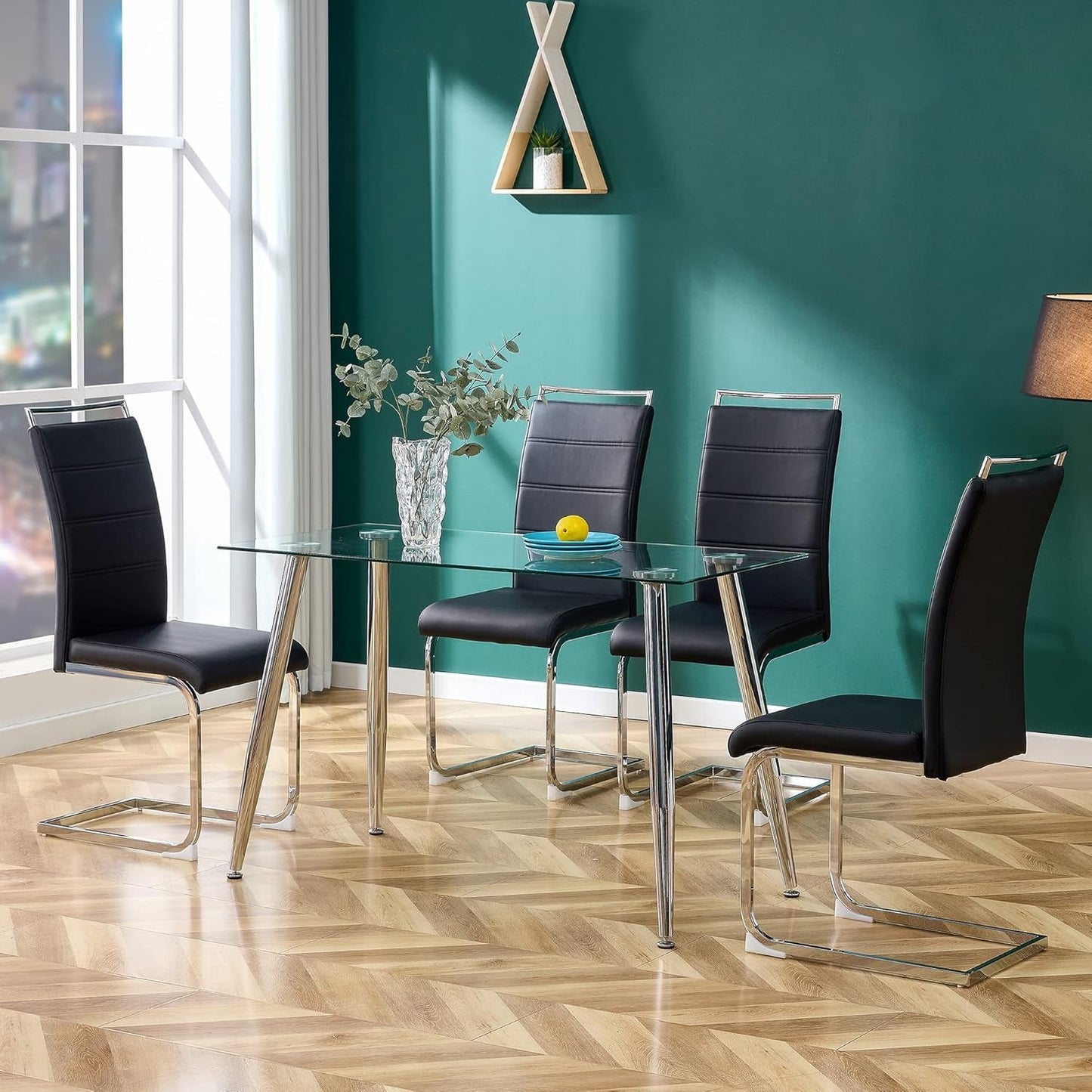 Modern Dining Chairs Set of 4, PU Faux Leather High Back Upholstered Dining Room Side Chair with Horizontal Stripe Backrest Design for Kitchen Living Room Vanity Patio Dinner Chairs, Black-4