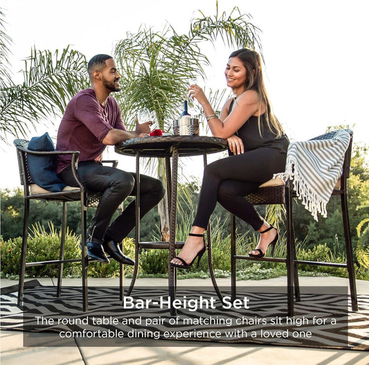 3-Piece Patio Bar Table Set, Outdoor Wicker Bar Height Bistro Furniture for Backyard, Poolside, Balcony W/Barstools, Cushions, Steel Frame – Brown/Beige-1