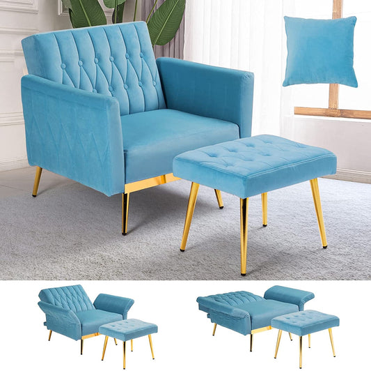 Adjustable Velvet Armchair with Ottoman, Baby Blue-1