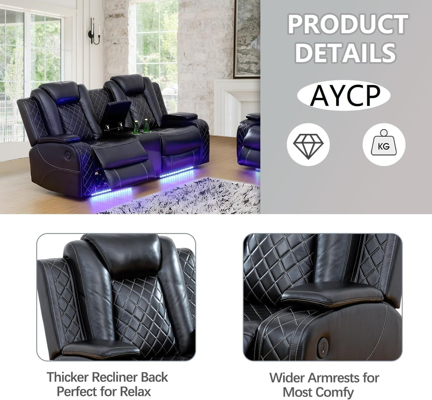 Multifunction Power Air Leather Recliner Sofa Set with LED Lights, Living Room Furniture, Reclining Sofa, Loveseat, Chair with USB Port/Storage Console/Cup Holders (Black, 3 Pieces)-4