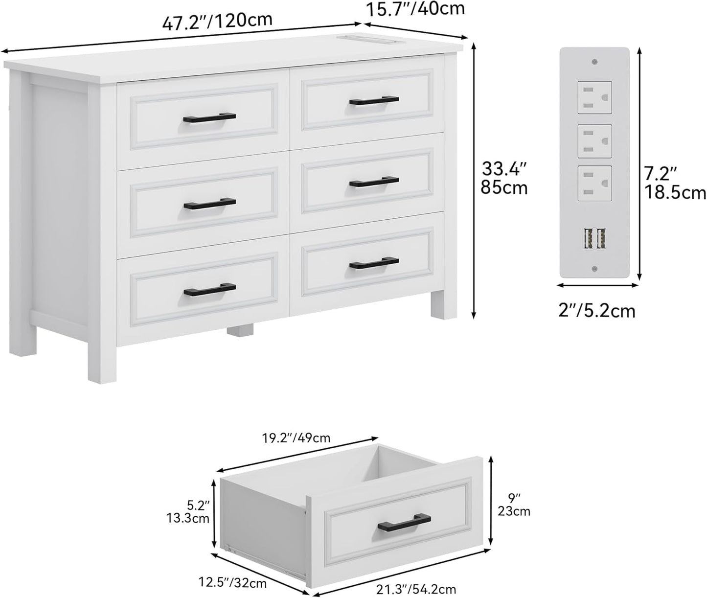 6-Drawer Dresser with Built-In Power Outlet, Wood Dresser TV Stand with 6 Large Drawers and Bar Handles, White Dresser Chest of Drawers for Living Room, Hallway, Entryway-2