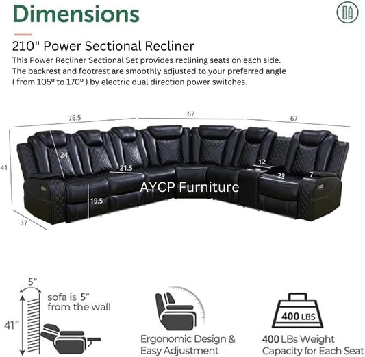 Power Recliner Sofa Sectional Sofa with LED Light for Living Room, Air Leather Reclining Corner Sectional Sofa Set, Cup Holder, Storage Console for Home Theater Seating (Black, Sectional)-1