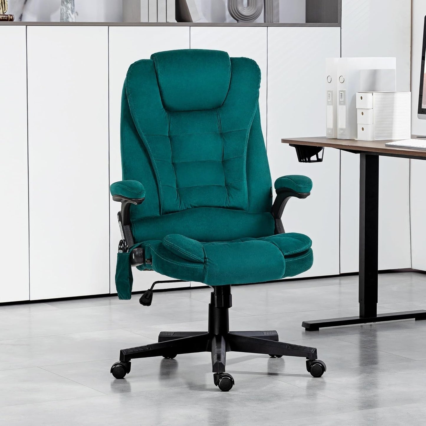 6 Point Vibrating Massage Office Chair with Heat, Velvet High Back Executive Office Chair with Reclining Backrest, Padded Armrests and Remote, Dark Green-1