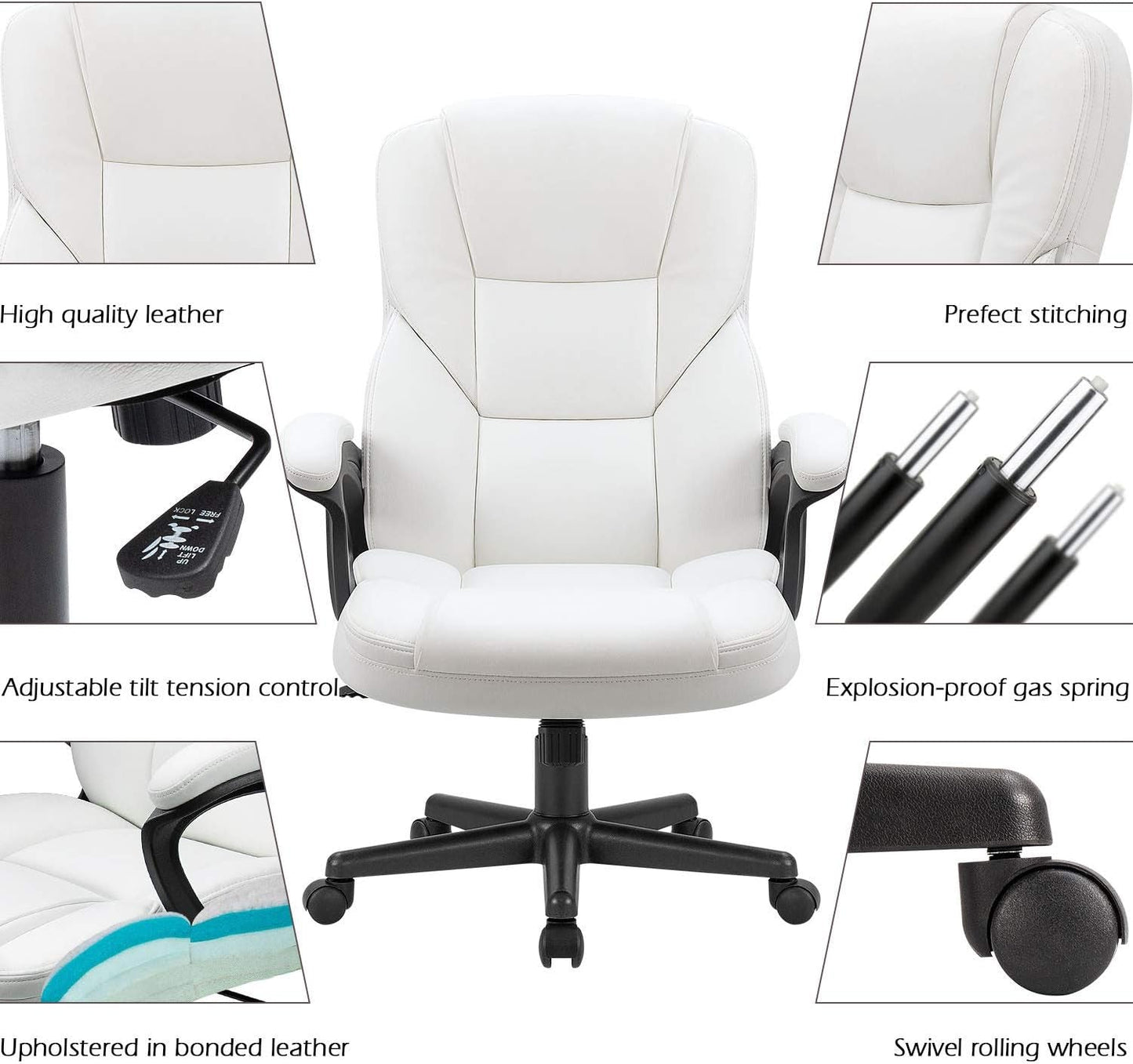 Office Executive Chair High Back Adjustable Managerial Home Desk Chair,Swivel Computer PU Leather Chair with Lumbar Support (White)-4