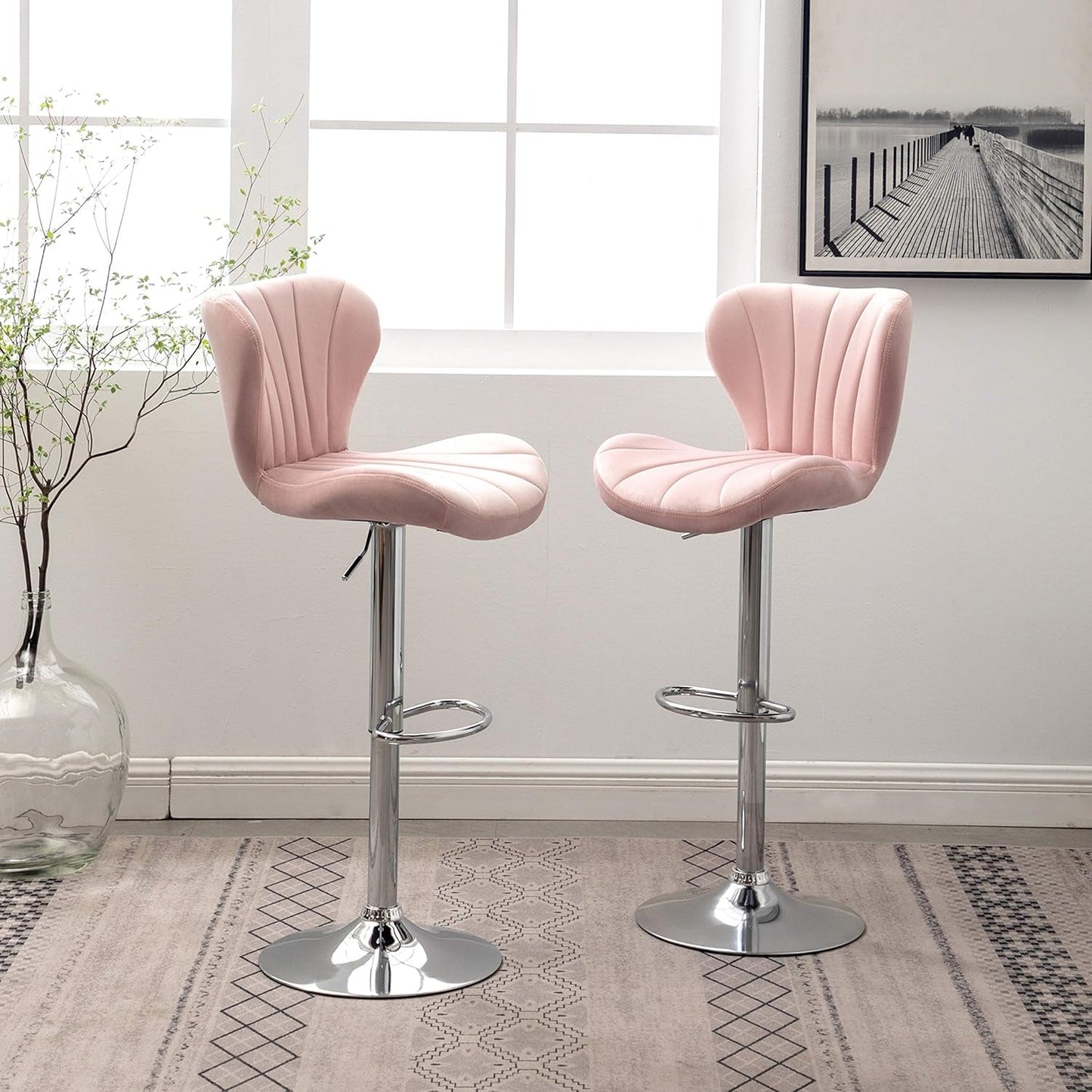Ellston Velvet Adjustable Swivel Barstools in Pink, Set of 2-2