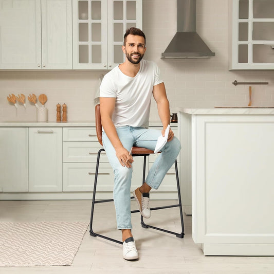 26 Inch Counter Height Bar Stools Set of 4, Modern Faux Leather High Barstools with Back and Metal Leg, Bar Chairs for Kitchen Lsland, Brown-1