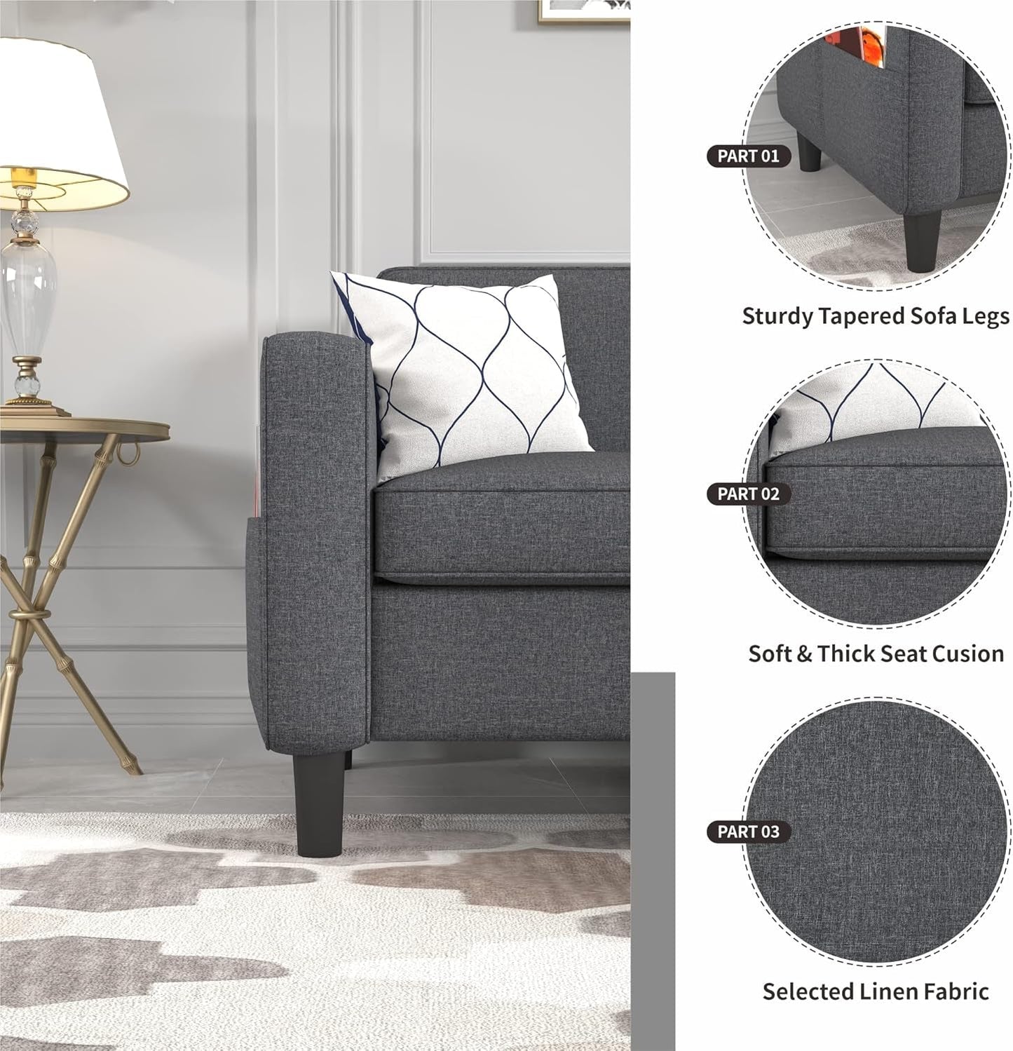Sectional Sofa Couches for Living Room, Small Space Couch L-Shaped Sofa, 3 Seat Modern Sofas Convertible with Storage Ottoman for Small Space, Bedroom, Offices and Apartments, Dark Grey-3