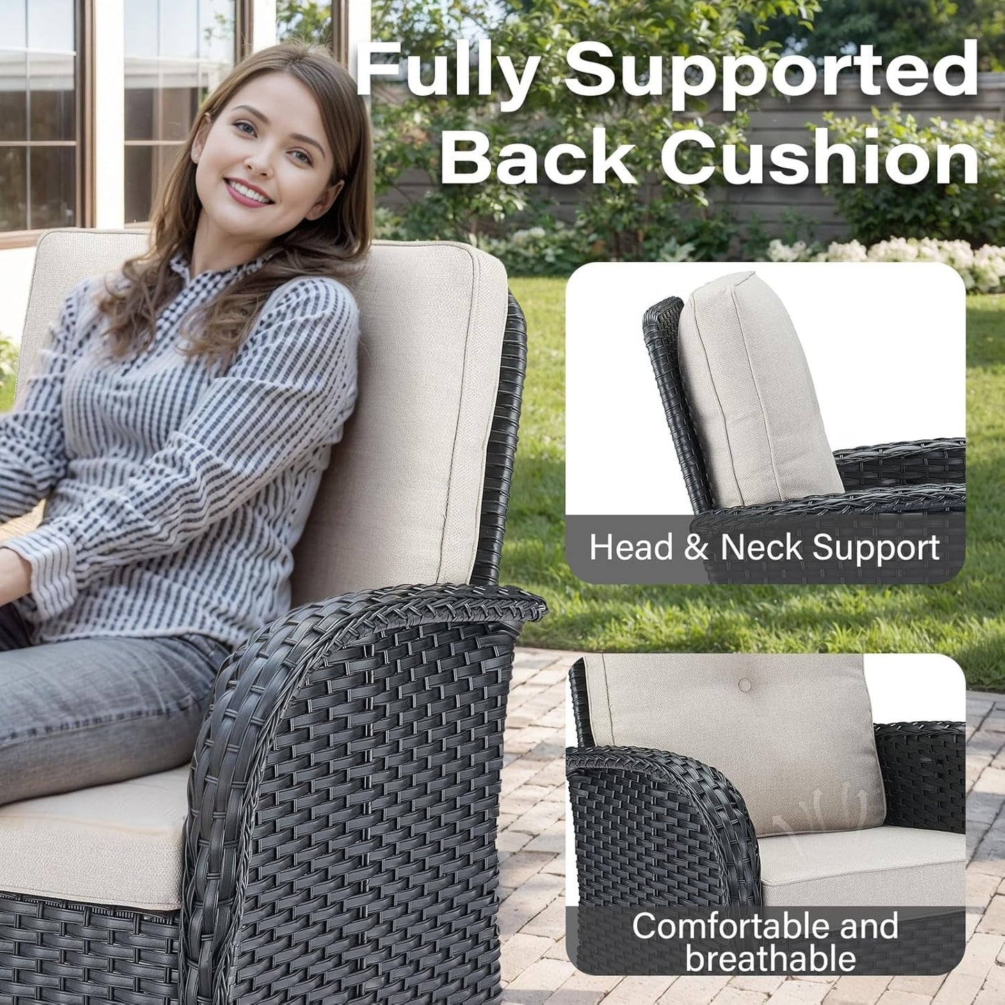 3 Pieces Black Wicker Patio Furniture Outdoor Swivel Rocker Patio Glider Chairs Set of 2 with Side Table Beige Cushion-3