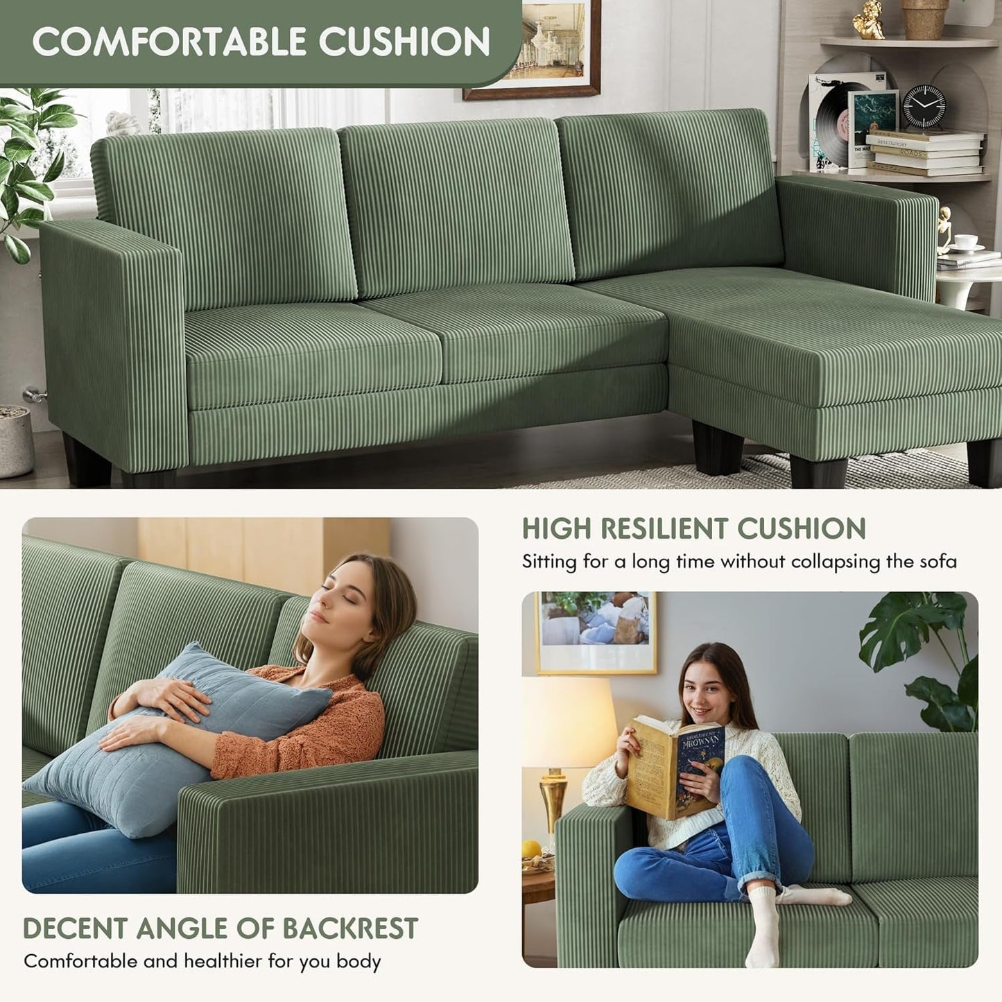 L-Shaped Convertible Sectional Sofa 3 Seater with Corduroy Fabric, Complete with Mobile Footrest, for Living Room, Apartment and Office, 70", Green-4
