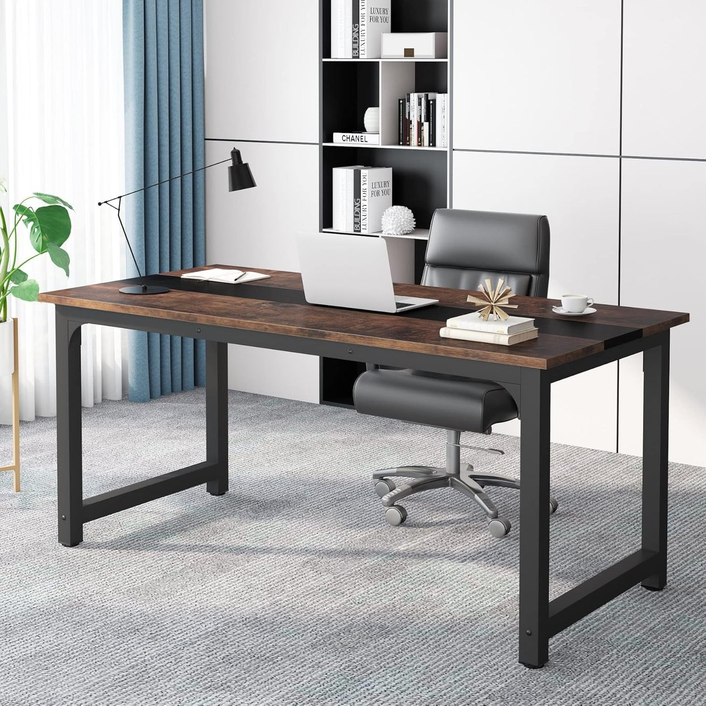 70.8”Executive Desk, Large Office Computer Desk with Thicken Frame, Modern Simple Workstation Business Furniture for Home Office, Vintage Brown/Black-0
