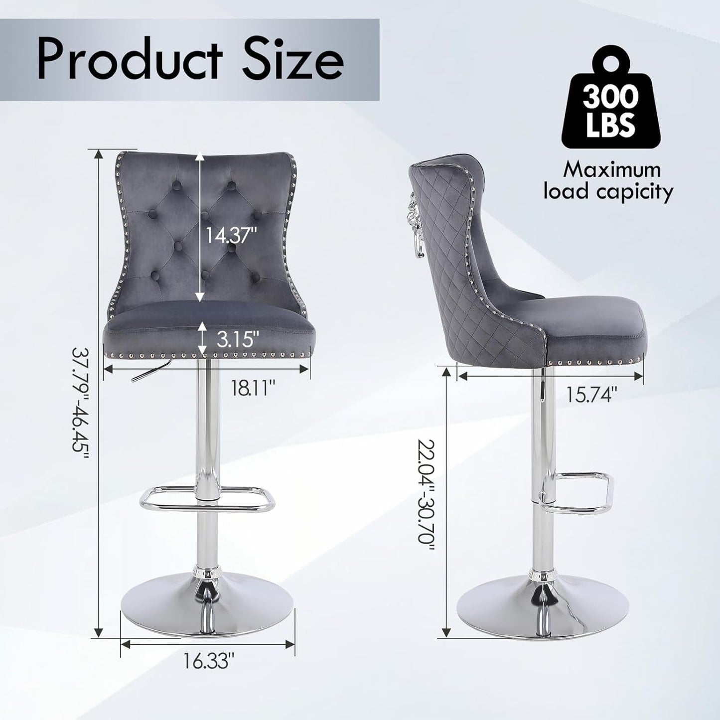 Velvet Adjustable Swivel Bar Stools Set of 4, High Tufted Back Modern Counter Height Stools Chrome Footrest/Lion Pull Ring/Rivet Trim/Diamond Pattern Kitchen Dining Pub Bar Chairs, Dark Grey-1