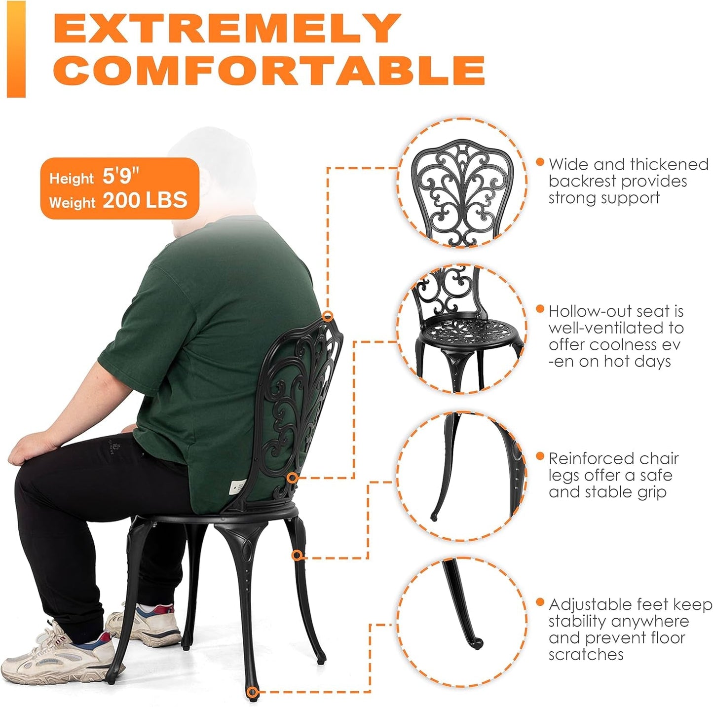 3 Piece Bistro Set Outdoor, All Weather Cast Aluminum Patio Bistro Sets Patio Table and Chairs Set of 2 with Umbrella Hole for Yard, Balcony, Black, Butterfly Backrest-4