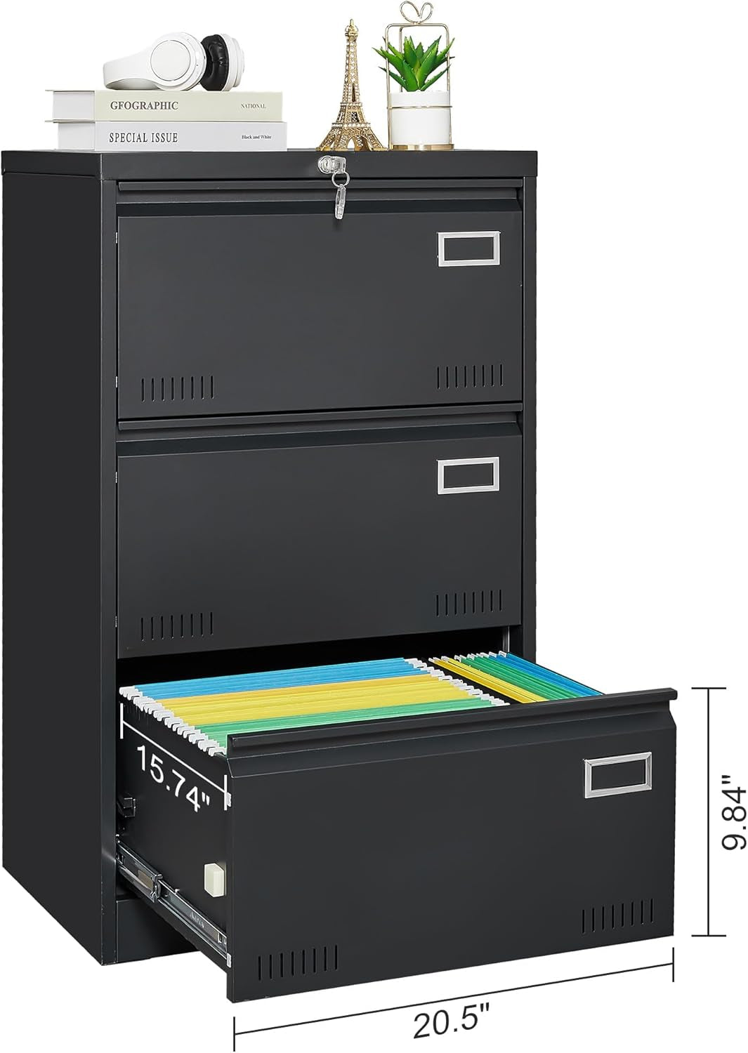 Lateral File Cabinet 3 Drawer File Cabinet with Lock and Card Holder, Metal Steel Lockable Drawer File Cabinets under Desk for Home Office Legal/Letter/F4/A4 Black-3