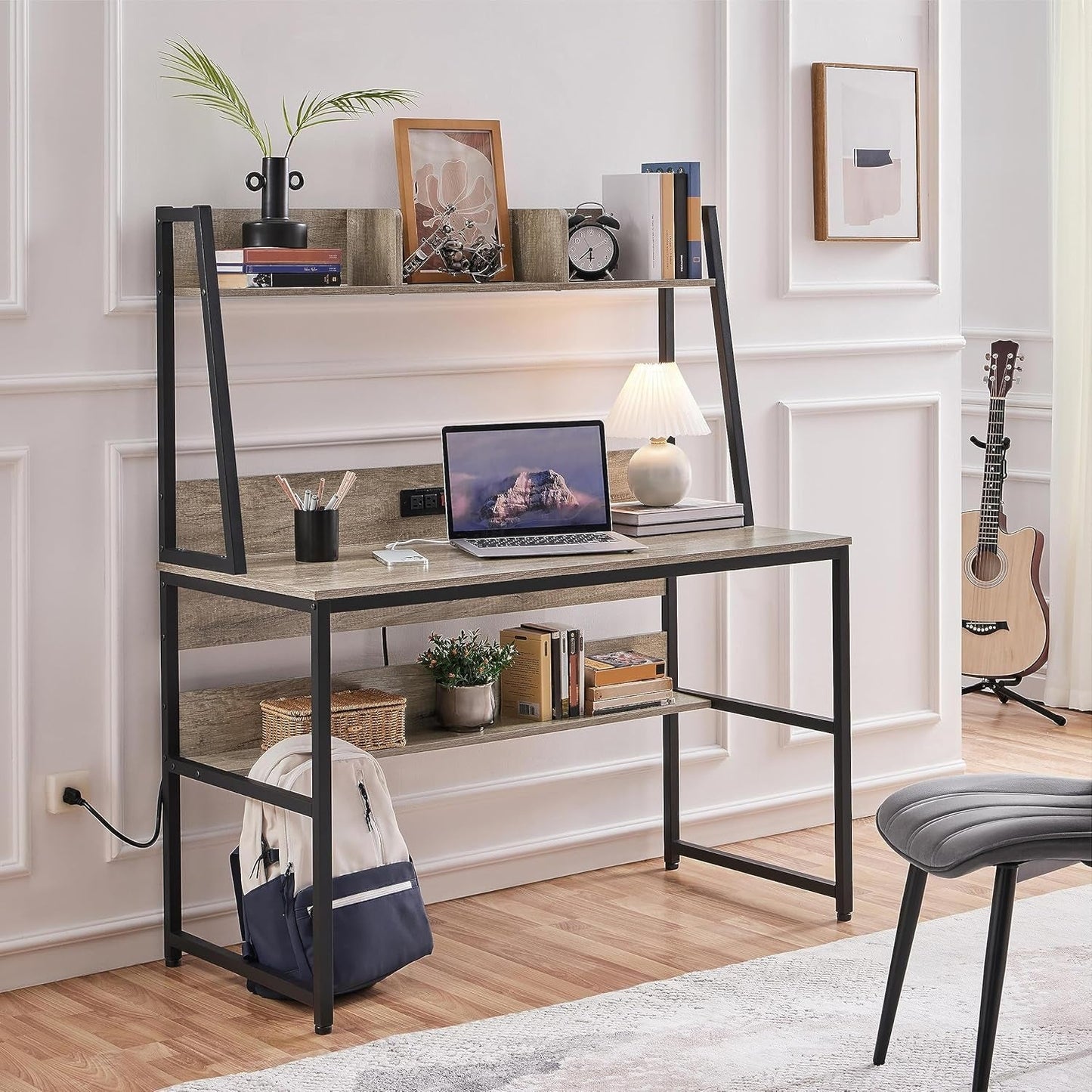 Home Office 47 Inch Writing Desk with Power Outlets and 2 USB Charging Ports for Studying, Gaming Table Computer Desk with Hutch and Bookshelf, Metal Frame Workstation for Office, Gray-3