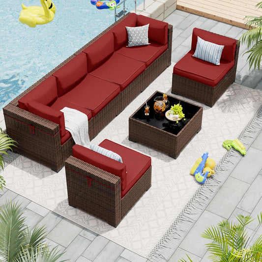 Patio Furniture Set, Modular 7-Piece Patio Conversation Sets with Coffee Table, All-Weather Wicker Outdoor Sectional for Backyard and Balcony, Wine (Waterproof Covers Included)-1