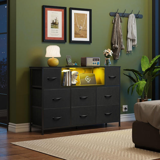 Black Dresser for Bedroom, TV Stand for Bedroom for 55 Inch TV with Charging Station and LED Lights, Fabric Chest of Drawers with Open Shelves, 8 Drawers Dressers for Living Room, Closet-1