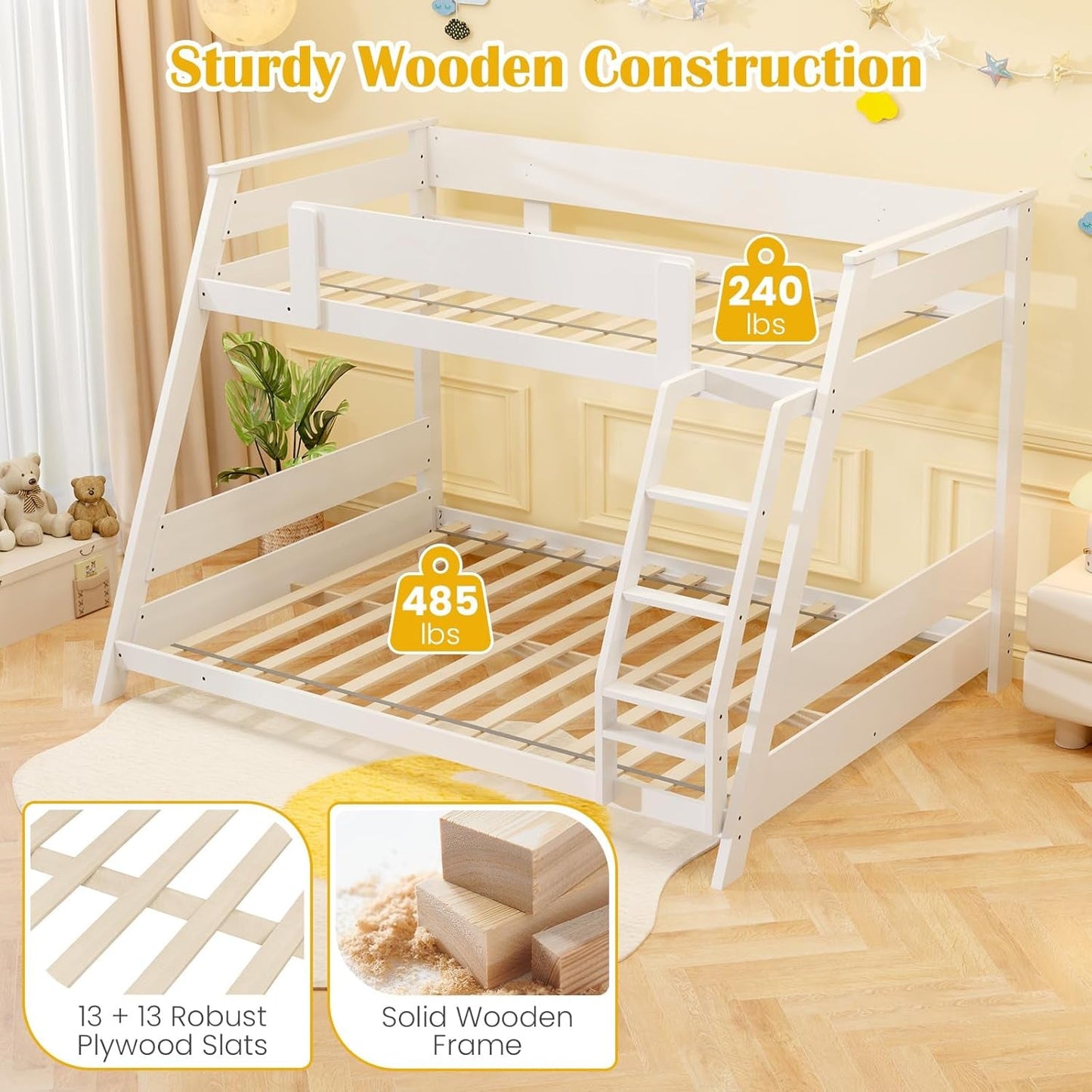 Wood Bunk Beds Twin over Full Size, Solid Wood Floor Low Bunk Bed W/Removable Ladder & Full-Length Guardrails, Low Profile Full Size Bunk Bed for Kids, Teens, Juniors, Small Spaces (White)-4