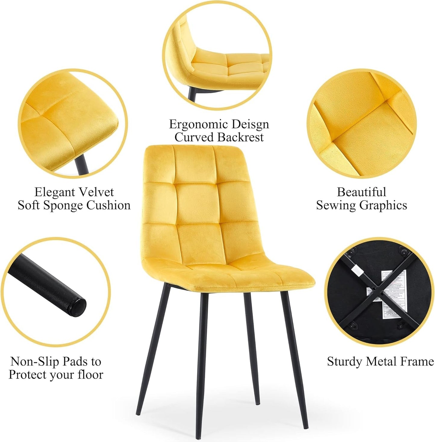 Yellow Velvet Dinner Chairs Set of 4, Modern Armless Biscuit Tufted Dining Side Chairs with Metal Legs for Kitchen Living Room Vanity-4