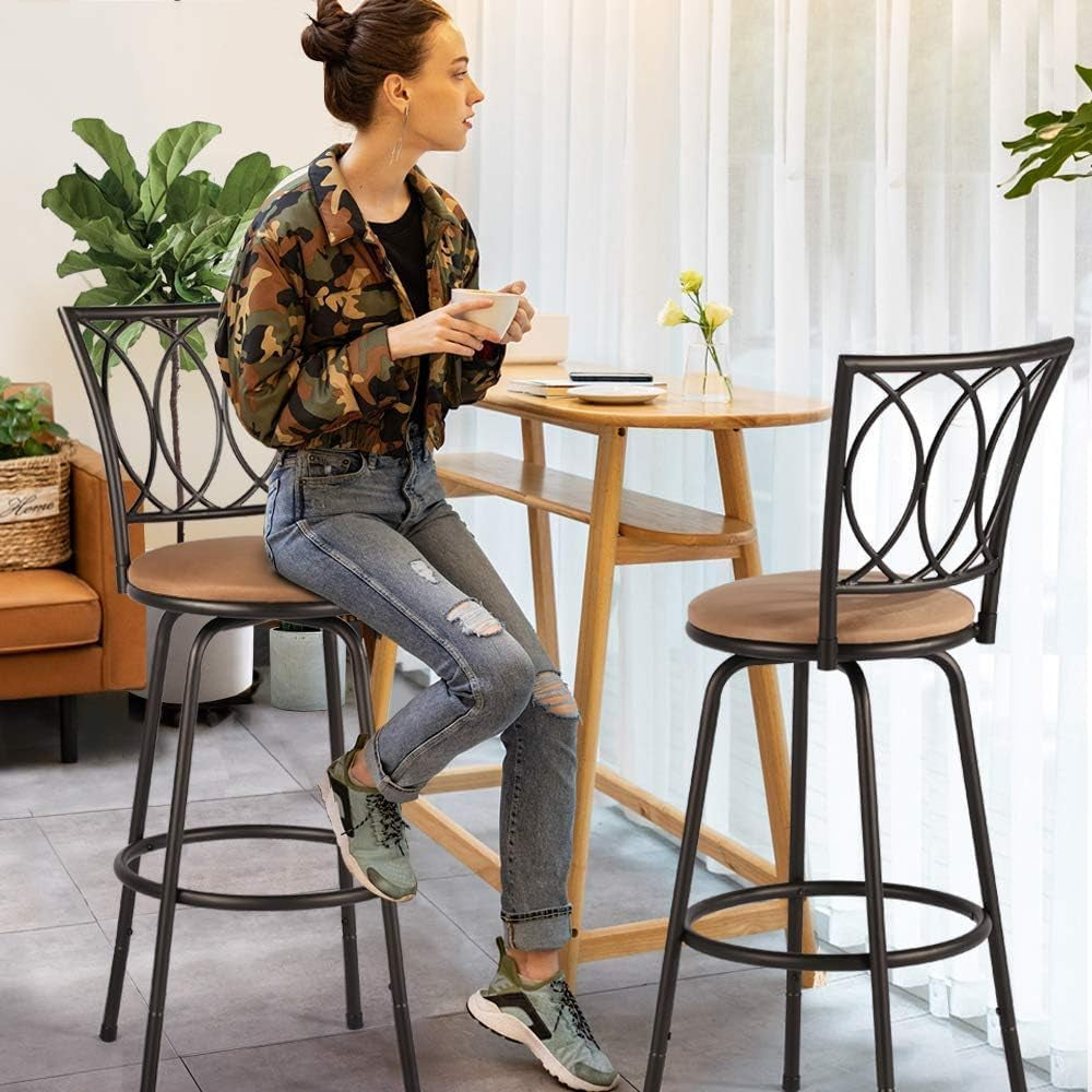 Bar Stools, 24/29" Adjustable Barstool,Swivel Counter Stool with Upholstered Seat,Steel Bistro Pub Chairs, Curved Line Backrest, Set of 2-4
