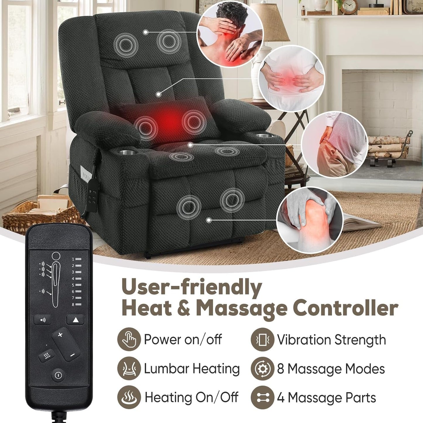 Large Dual Motor Lay Flat Power Lift Recliner Chair, Massage Recliner Chairs with Heat, Lumbar Pillow, USB & Type-C Ports, Oversized Recliner for Big & Elderly People for Living Room - Grey-3