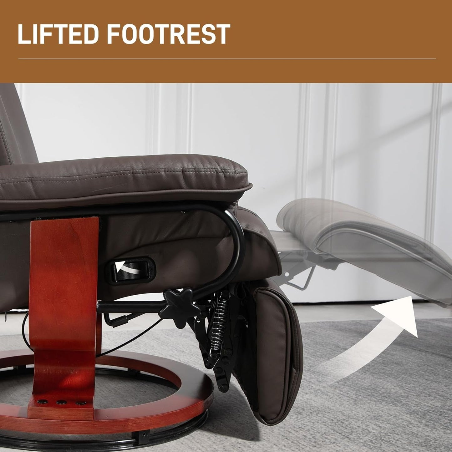 Manual Swivel Recliner Chair, PU Leather Reclining Chair with Footrest for Living Room, Brown-4