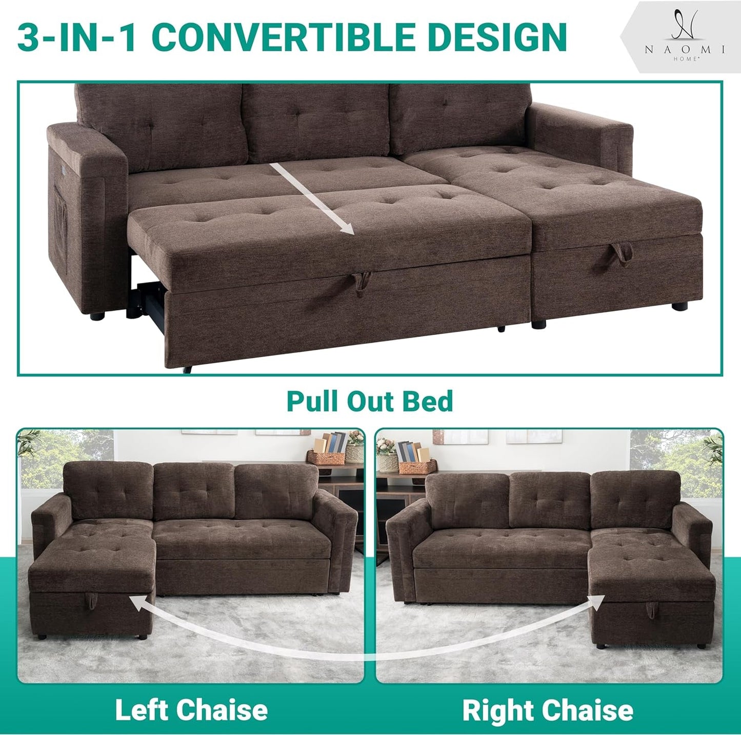 L-Shaped Sectional Sleeper Sofa with USB Ports - Convertible Pull-Out Bed, Ample Storage, Timeless Design, Durable Construction, Espresso/Microfiber-4