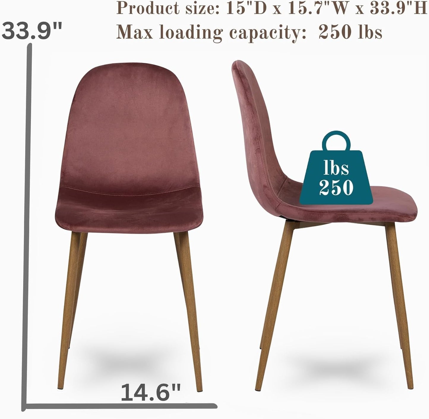 Mid-Century Modern Upholstered Dining Chairs Set of 4, Kitchen Chairs with Metal Legs for Dining Room, Velvet Seat Side Chair for Living Room, Rose-2