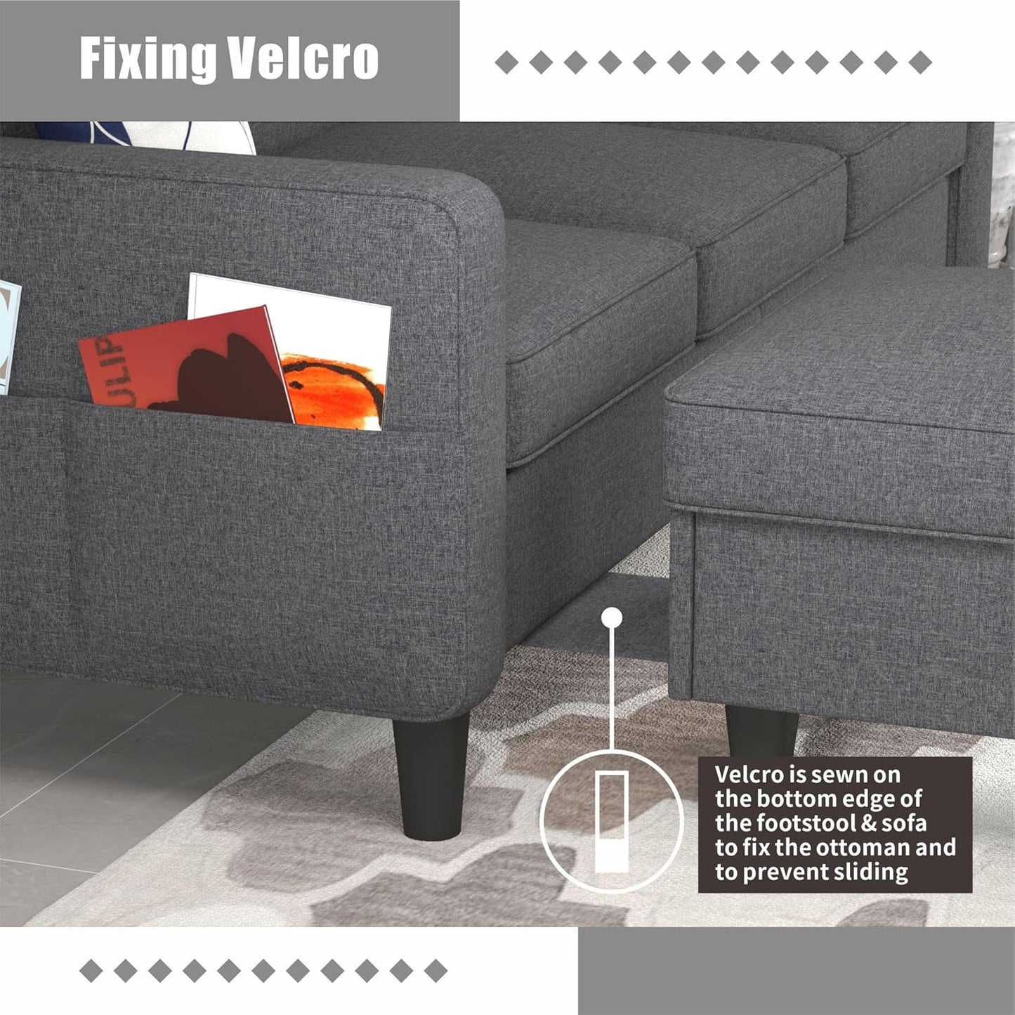Sectional Sofa Couches for Living Room, Small Space Couch L-Shaped Sofa, 3 Seat Modern Sofas Convertible with Storage Ottoman for Small Space, Bedroom, Offices and Apartments, Dark Grey-4
