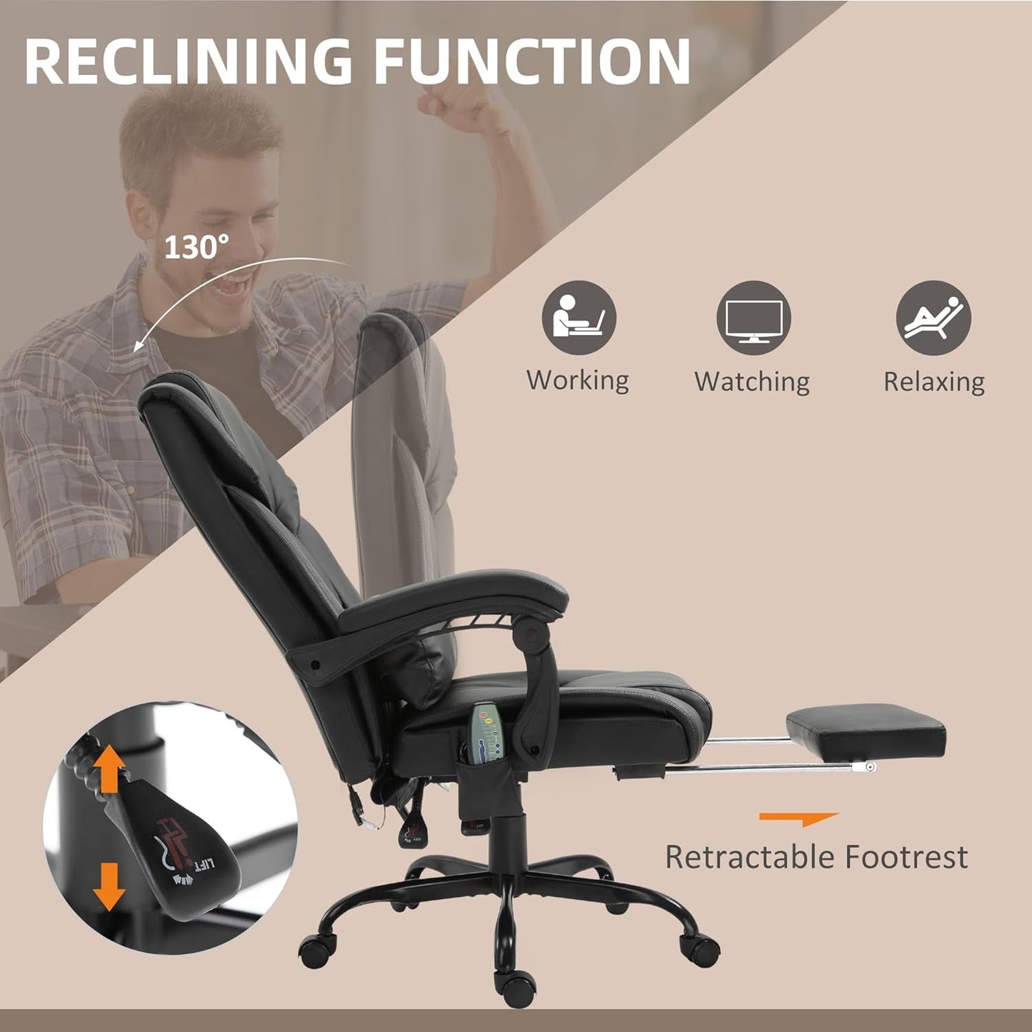 High Back Massage Office Chair with 6 Vibration Points, PU Leather Reclining Computer Chair, Ergonomic Desk Chair with Footrest Adjustable Height and Remote, Black-4