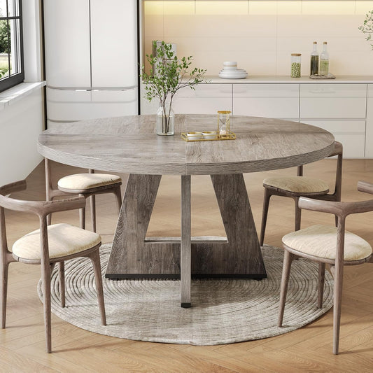 round Dining Table for 4-6 People, 47 Inches Dining Room Table with Wooden Pedestal Base, Grey Dinner Table, Circle Kitchen Table for Dining Room, Kitchen, Living Room(Table Only)-1